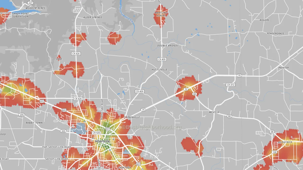 Walk Grade map of 35951, AL, walkable areas in green and car-dependent areas in red