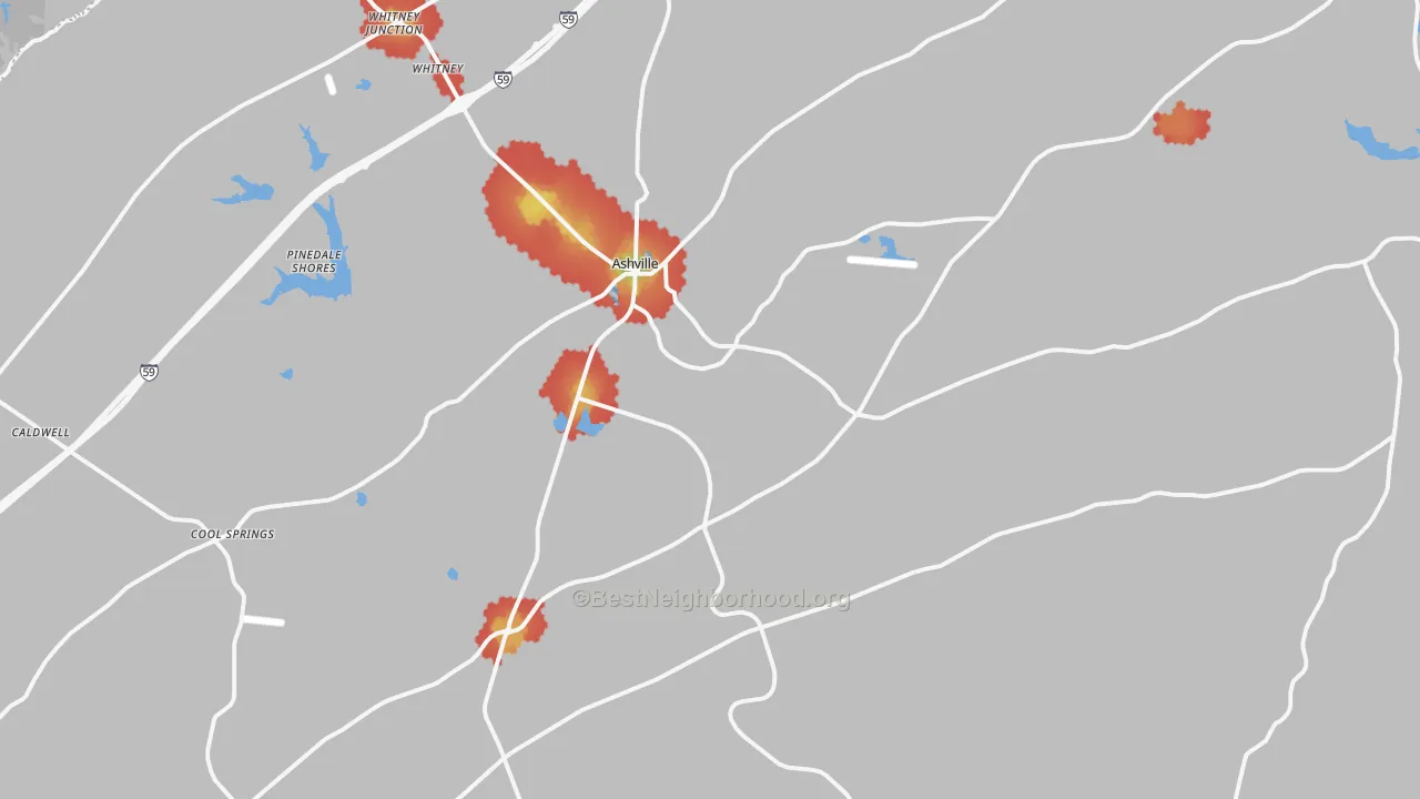 Walk Grade map of 35953, AL, walkable areas in green and car-dependent areas in red