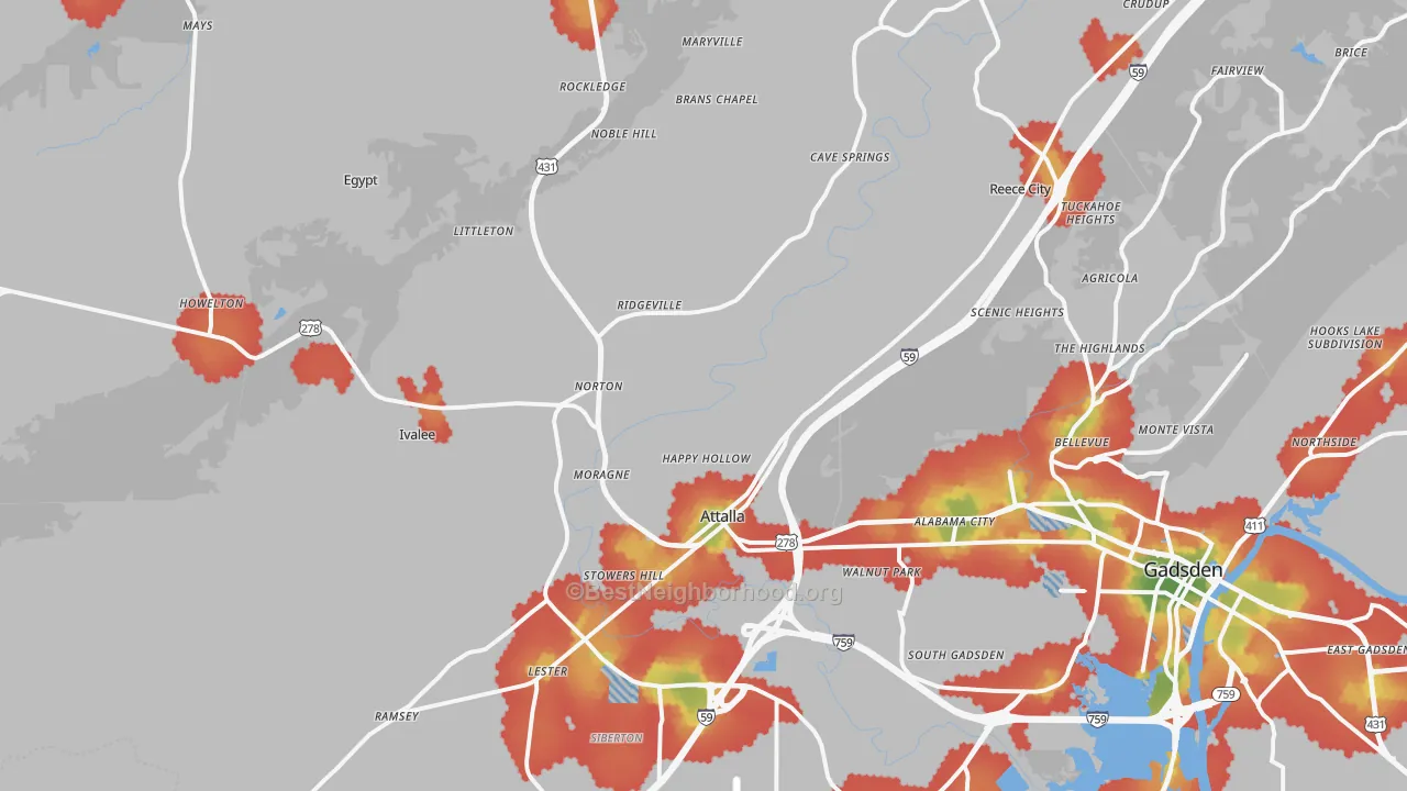 Walk Grade map of 35954, AL, walkable areas in green and car-dependent areas in red