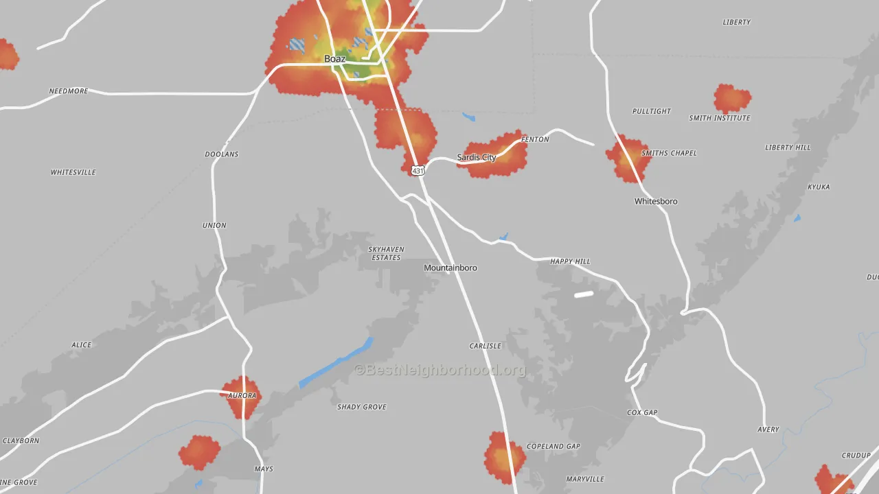 Walk Grade map of 35956, AL, walkable areas in green and car-dependent areas in red