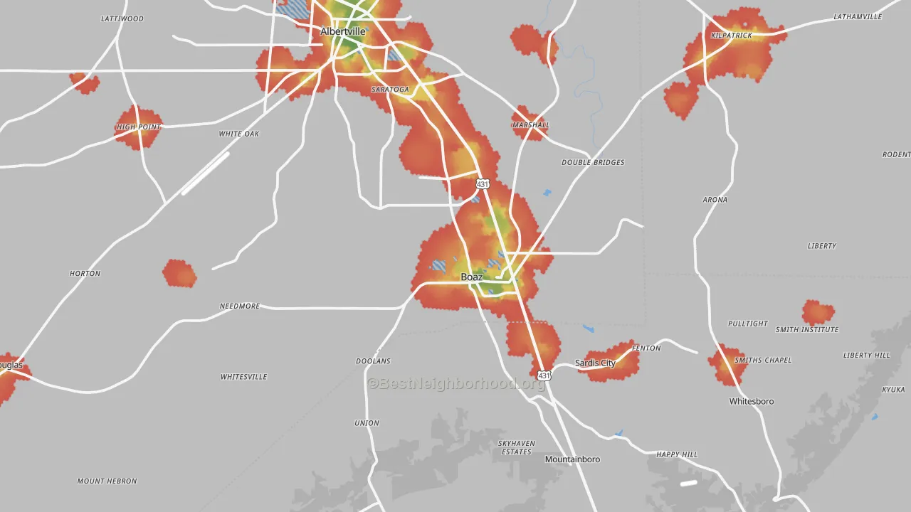 Walk Grade map of 35957, AL, walkable areas in green and car-dependent areas in red