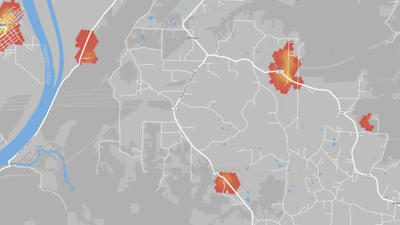 Walk Grade map of 35958, AL, walkable areas in green and car-dependent areas in red