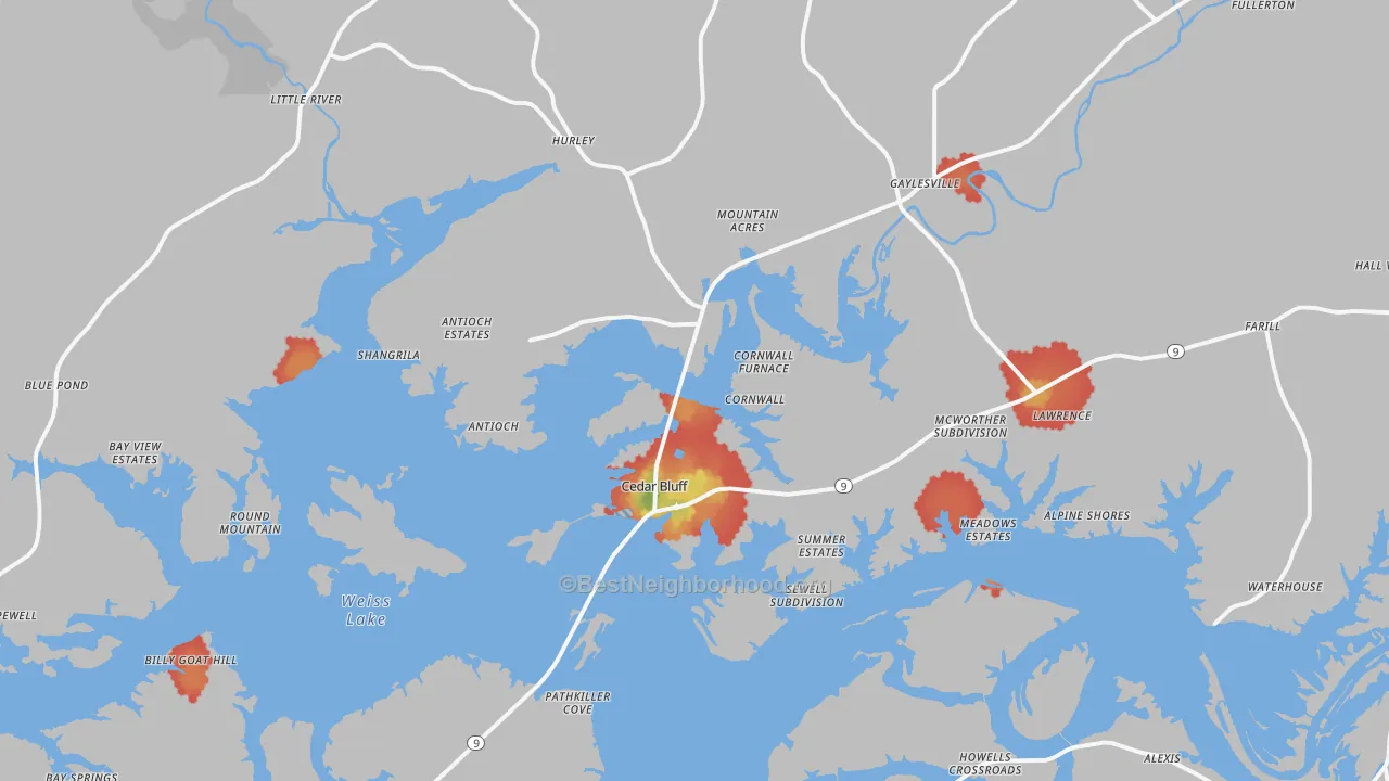 Walk Grade map of 35959, AL, walkable areas in green and car-dependent areas in red
