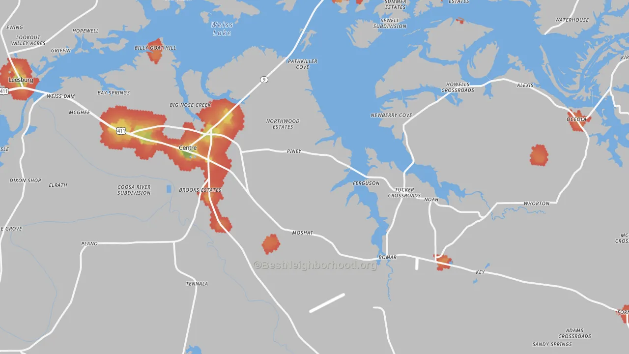 Walk Grade map of 35960, AL, walkable areas in green and car-dependent areas in red