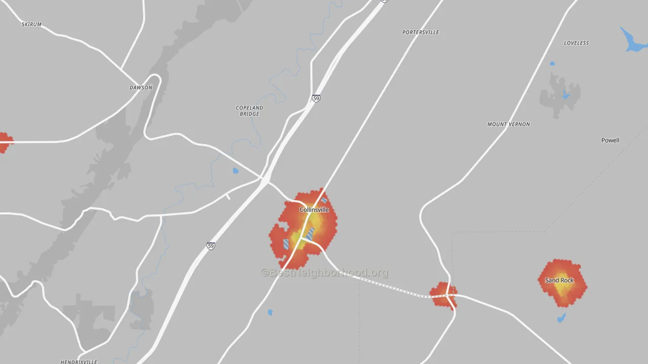 Walk Grade map of 35961, AL, walkable areas in green and car-dependent areas in red