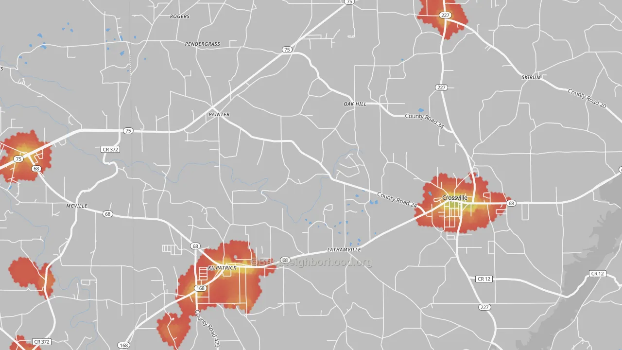 Walk Grade map of 35962, AL, walkable areas in green and car-dependent areas in red