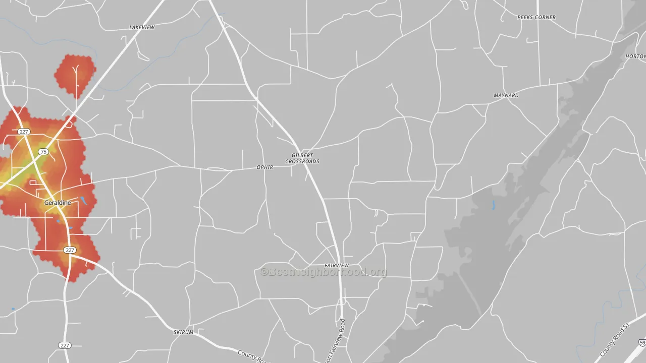 Walk Grade map of 35963, AL, walkable areas in green and car-dependent areas in red