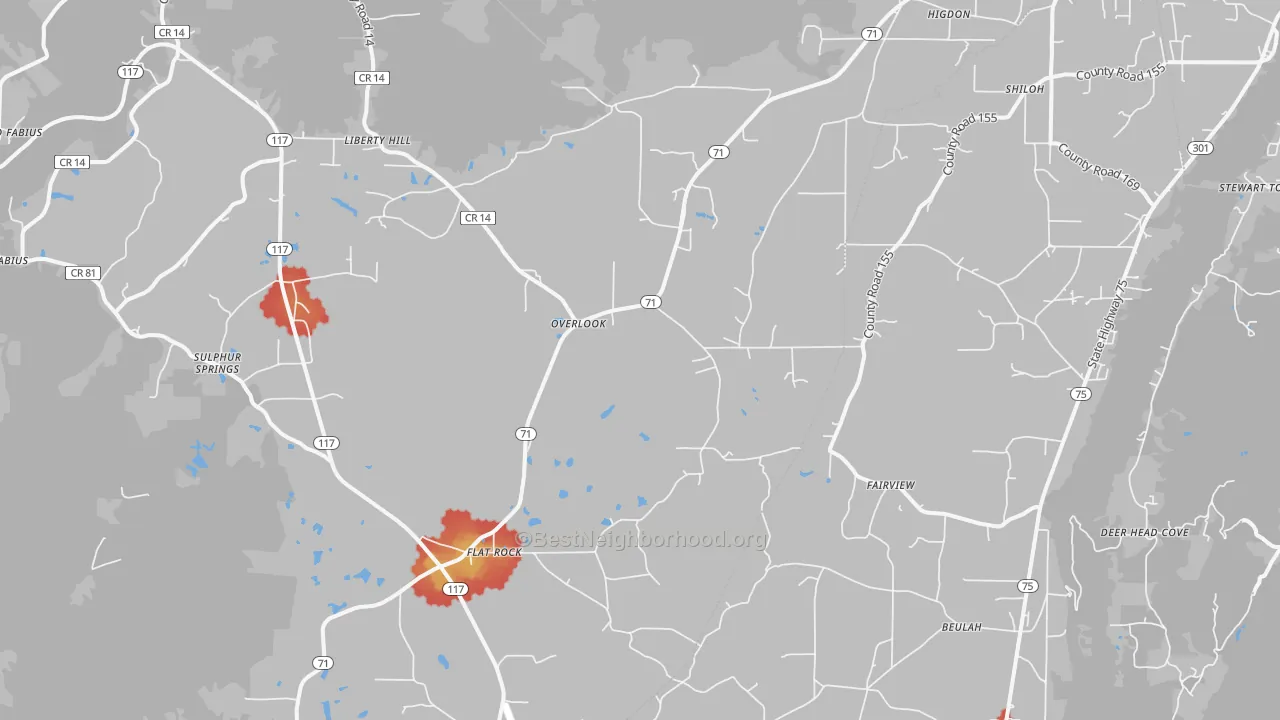 Walk Grade map of 35966, AL, walkable areas in green and car-dependent areas in red