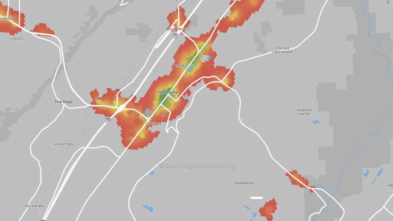 Walk Grade map of 35967, AL, walkable areas in green and car-dependent areas in red