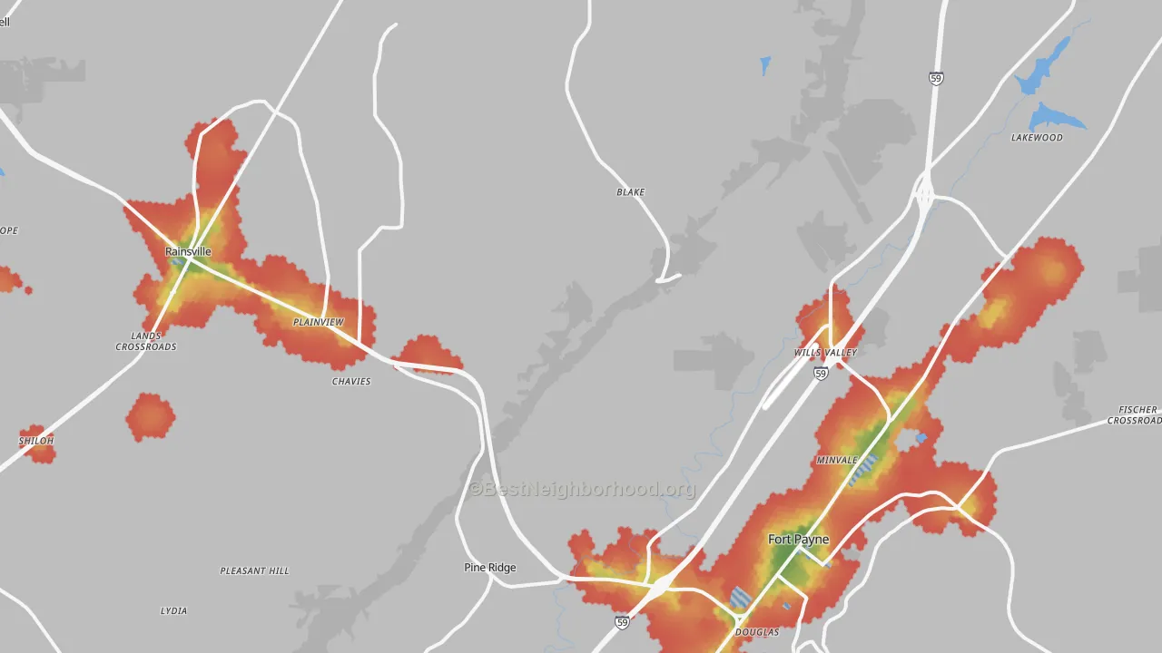 Walk Grade map of 35968, AL, walkable areas in green and car-dependent areas in red
