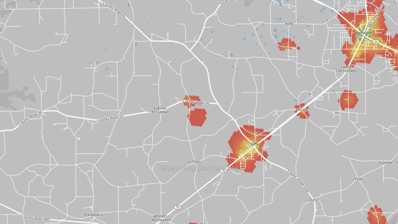 Walk Grade map of 35971, AL, walkable areas in green and car-dependent areas in red