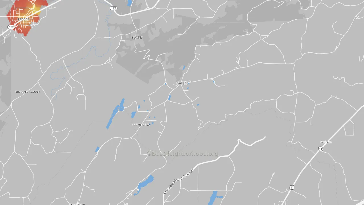 Walk Grade map of 35972, AL, walkable areas in green and car-dependent areas in red