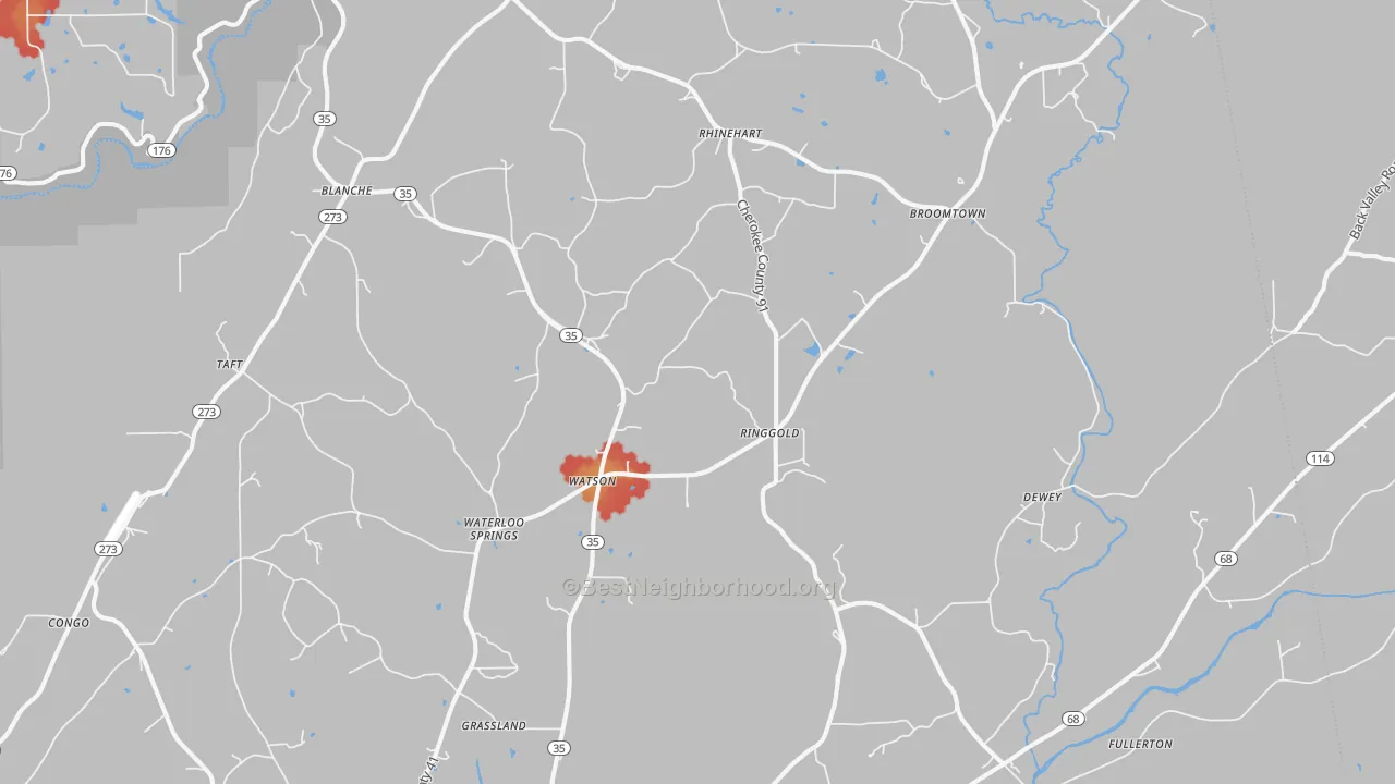 Walk Grade map of 35973, AL, walkable areas in green and car-dependent areas in red