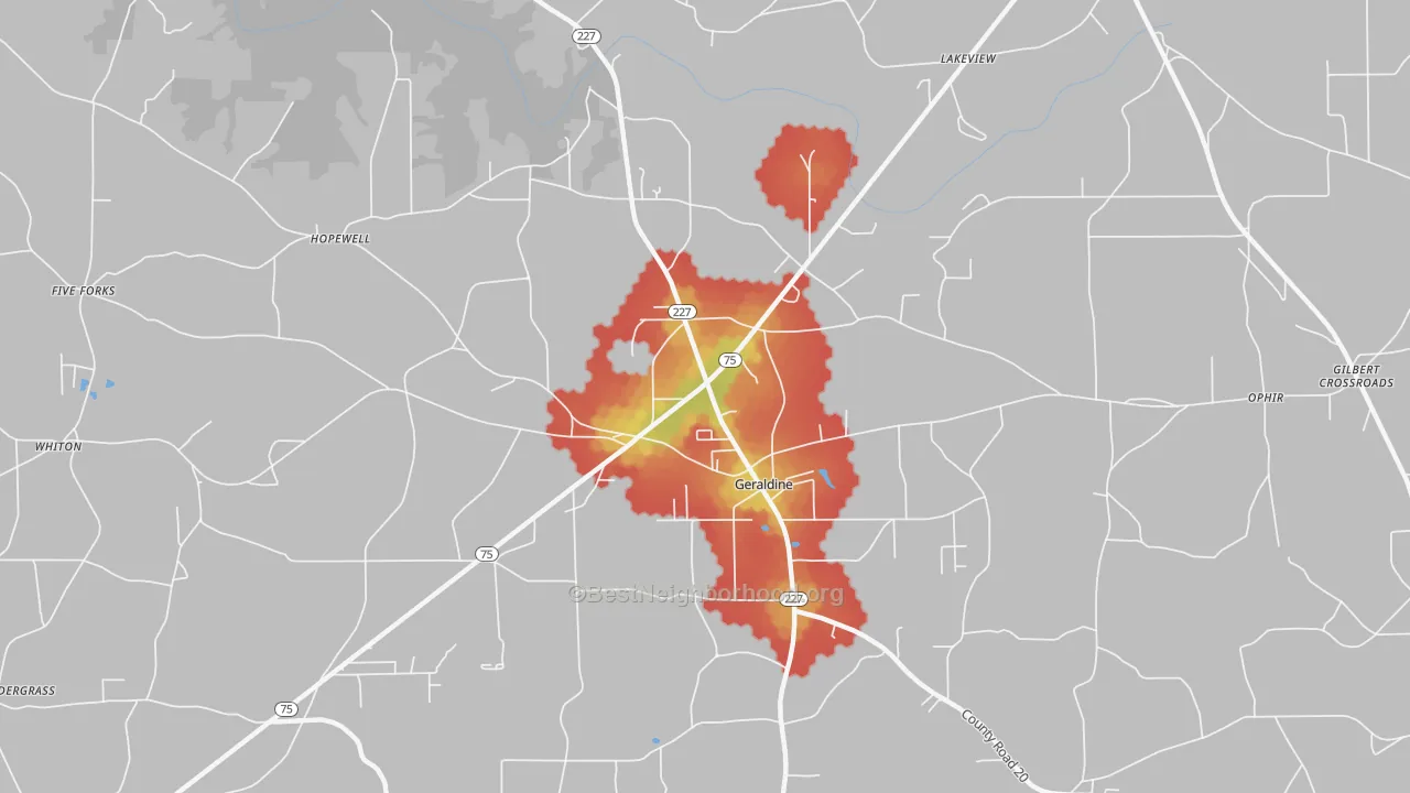 Walk Grade map of 35974, AL, walkable areas in green and car-dependent areas in red