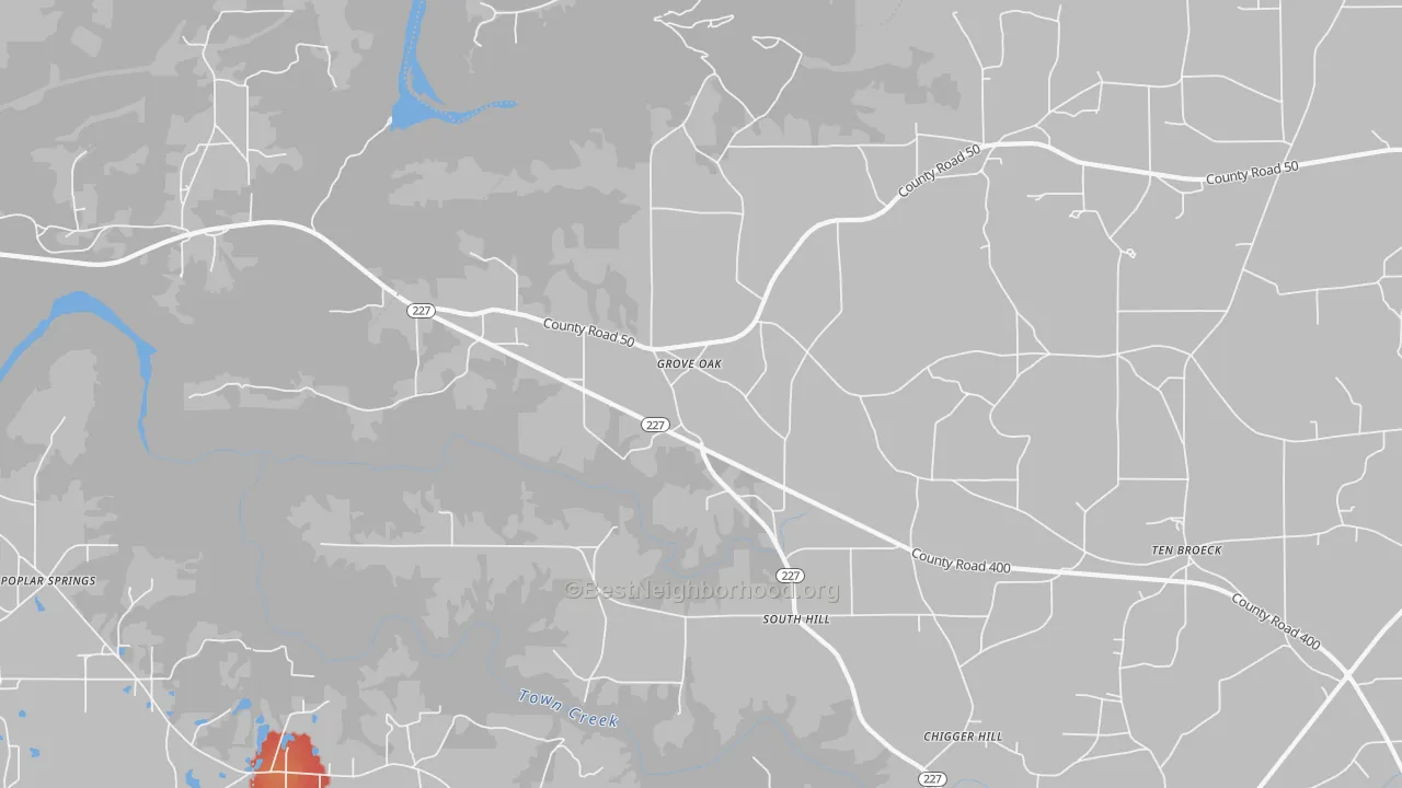 Walk Grade map of 35975, AL, walkable areas in green and car-dependent areas in red