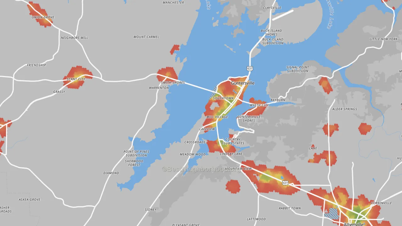 Walk Grade map of 35976, AL, walkable areas in green and car-dependent areas in red