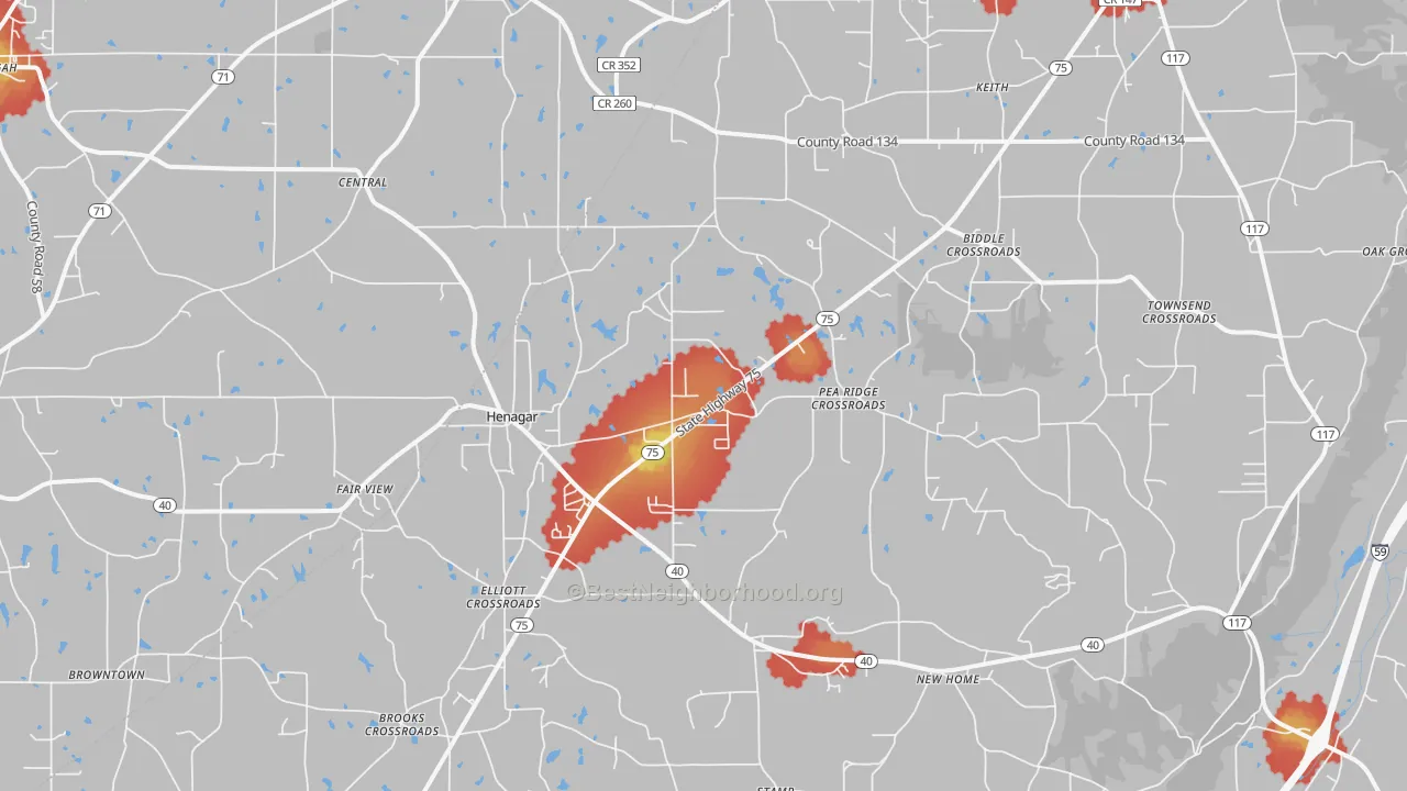 Walk Grade map of 35978, AL, walkable areas in green and car-dependent areas in red