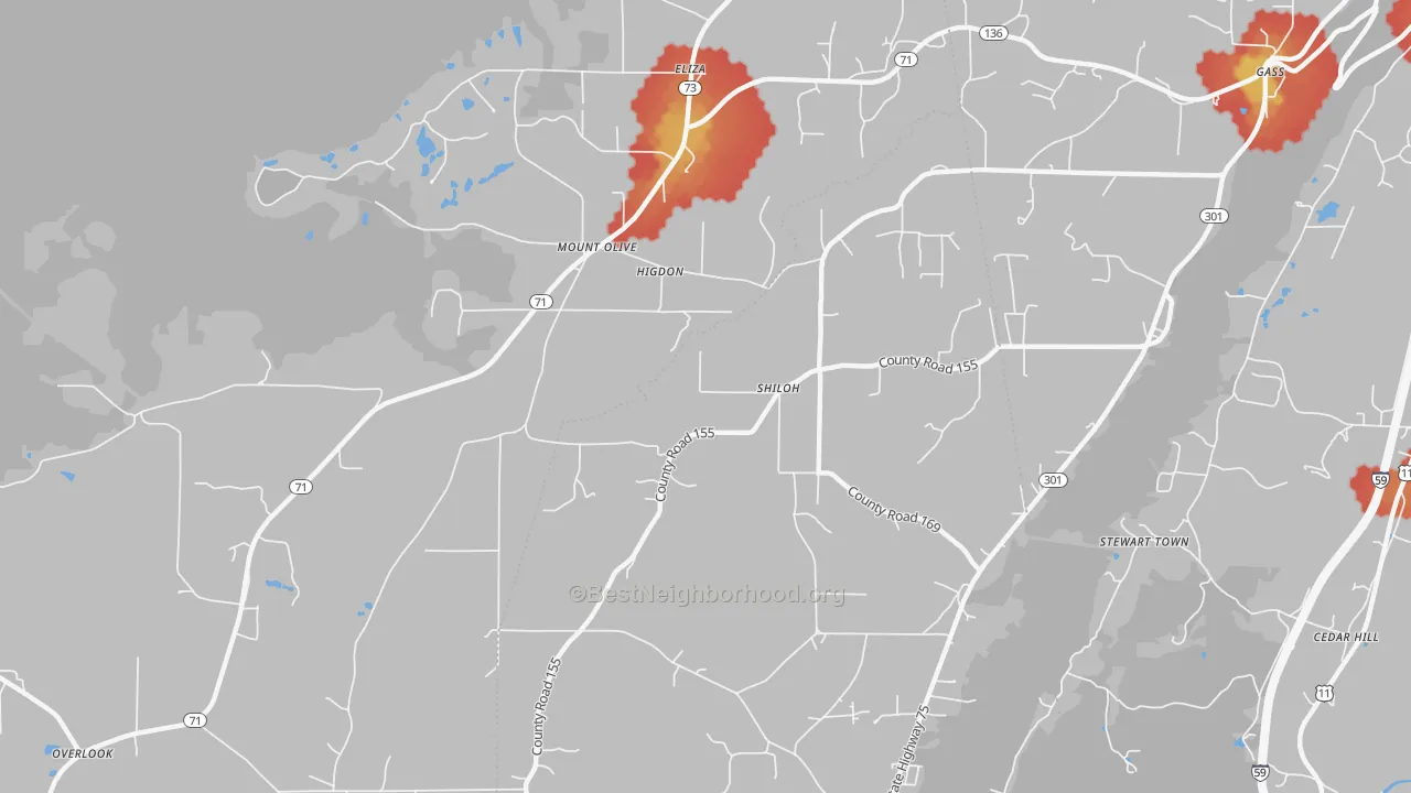 Walk Grade map of 35979, AL, walkable areas in green and car-dependent areas in red
