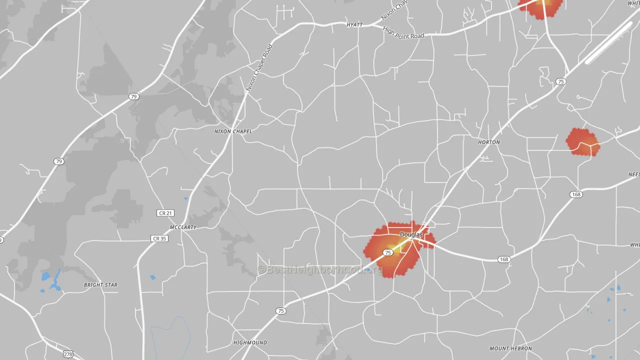Walk Grade map of 35980, AL, walkable areas in green and car-dependent areas in red