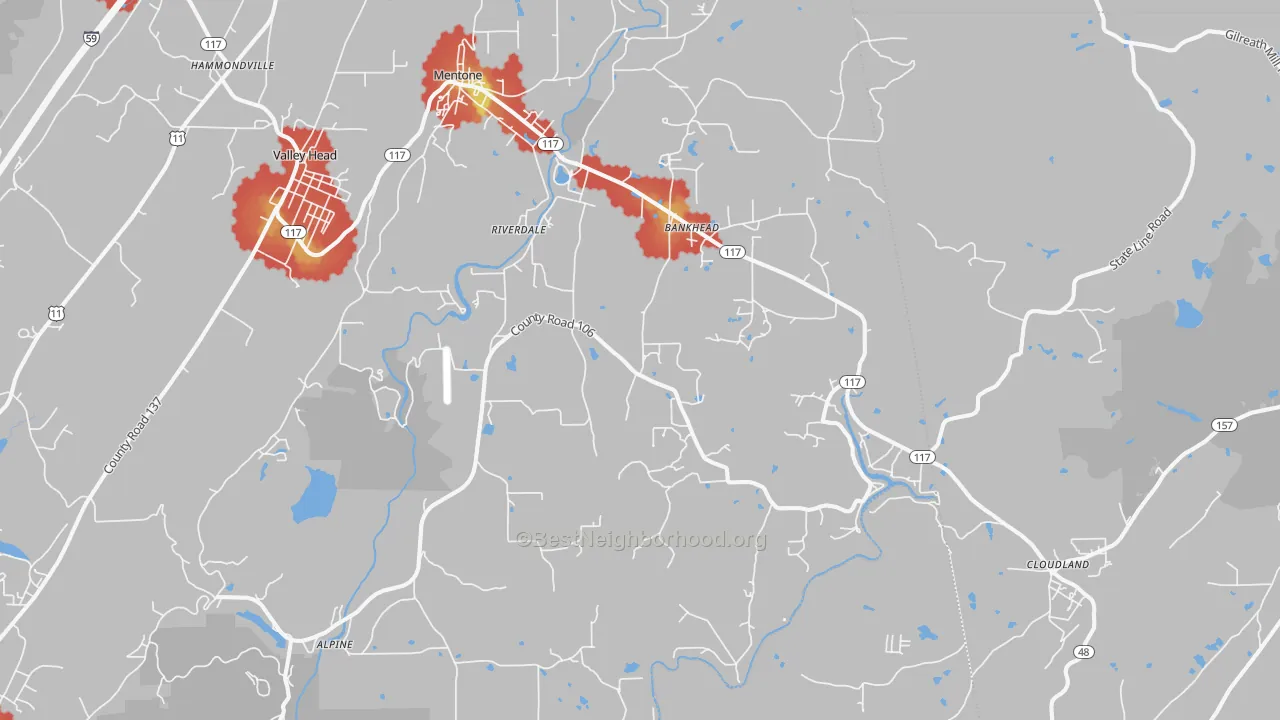 Walk Grade map of 35984, AL, walkable areas in green and car-dependent areas in red
