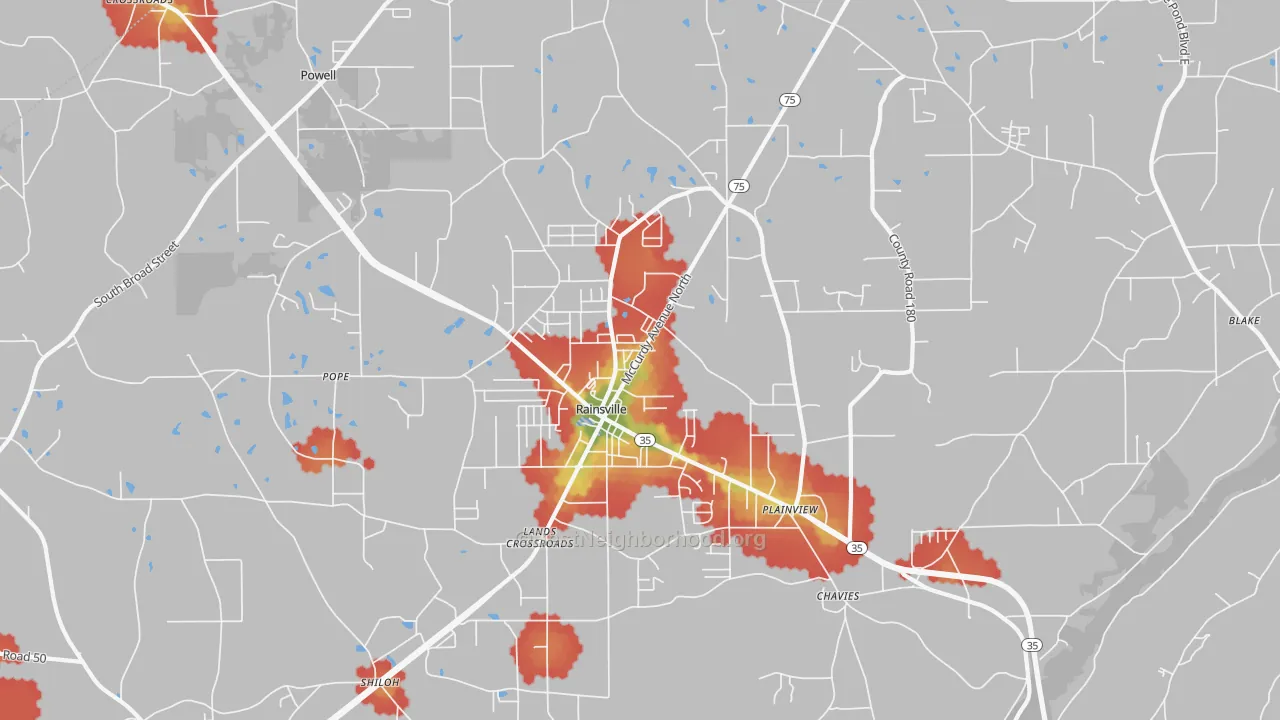 Walk Grade map of 35986, AL, walkable areas in green and car-dependent areas in red