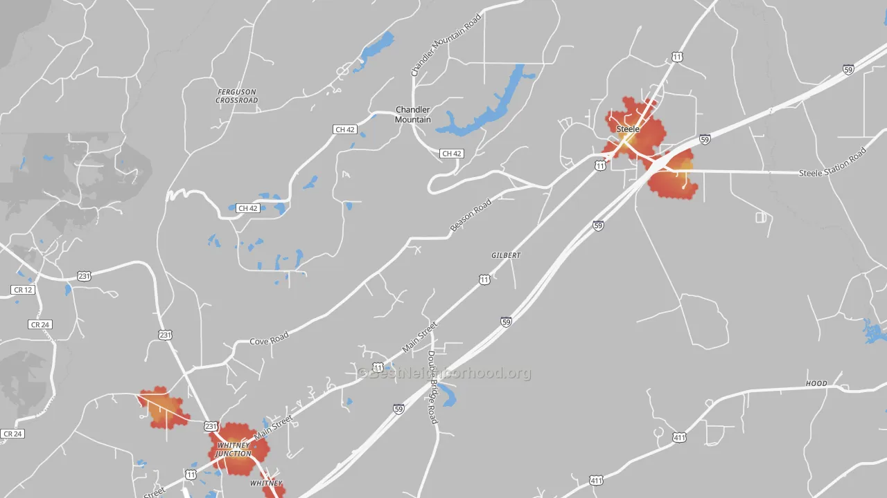 Walk Grade map of 35987, AL, walkable areas in green and car-dependent areas in red