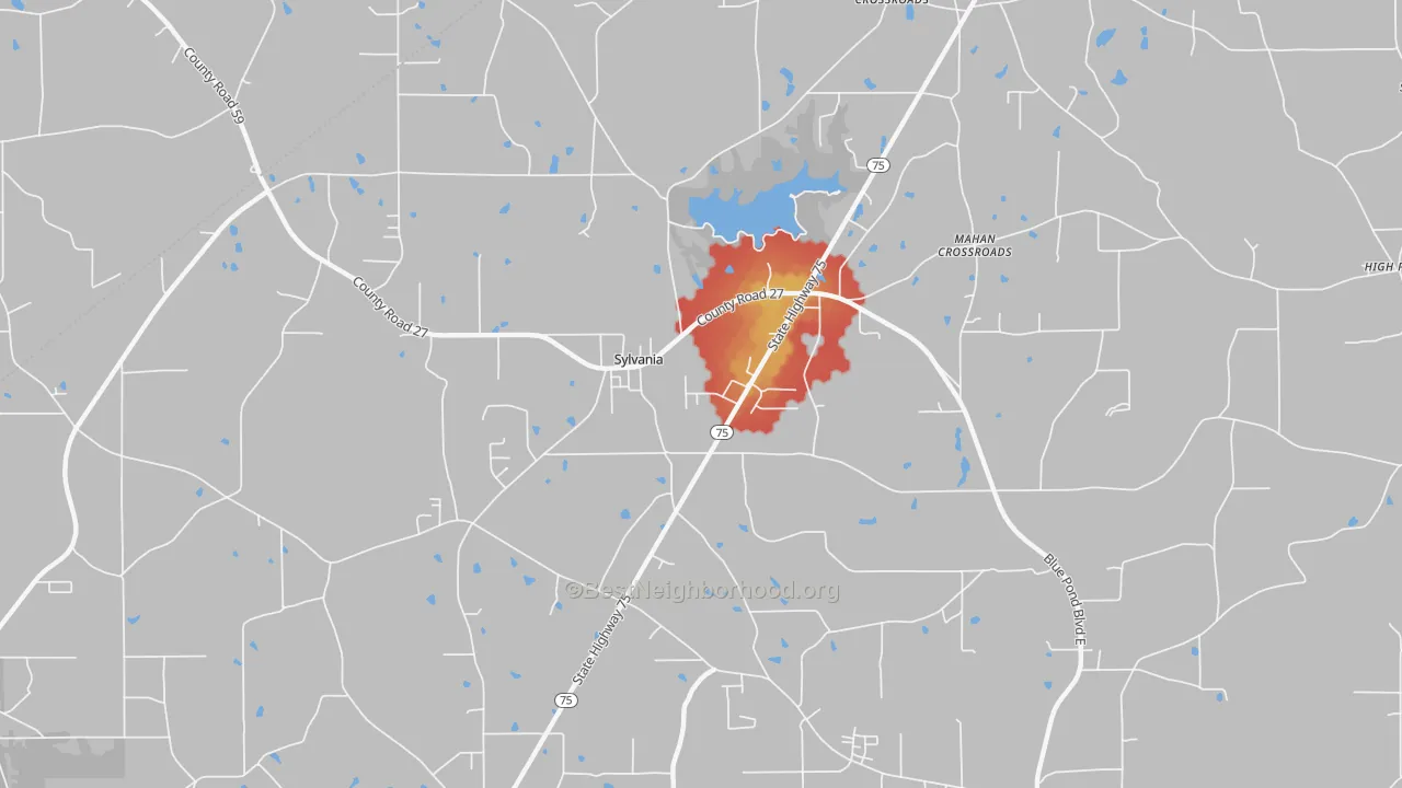Walk Grade map of 35988, AL, walkable areas in green and car-dependent areas in red