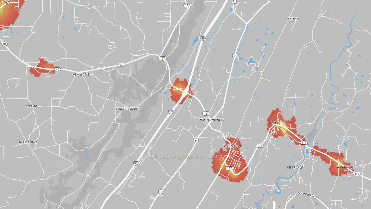 Walk Grade map of 35989, AL, walkable areas in green and car-dependent areas in red