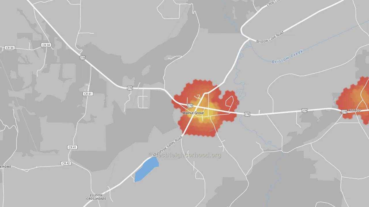 Walk Grade map of 35990, AL, walkable areas in green and car-dependent areas in red