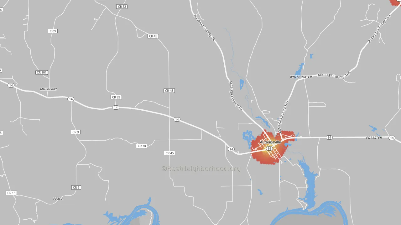 Walk Grade map of 36003, AL, walkable areas in green and car-dependent areas in red