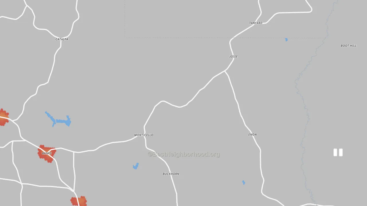 Walk Grade map of 36005, AL, walkable areas in green and car-dependent areas in red