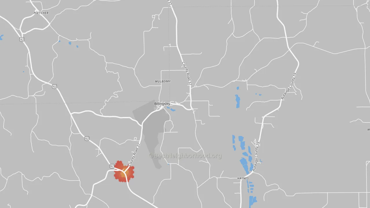 Walk Grade map of 36006, AL, walkable areas in green and car-dependent areas in red