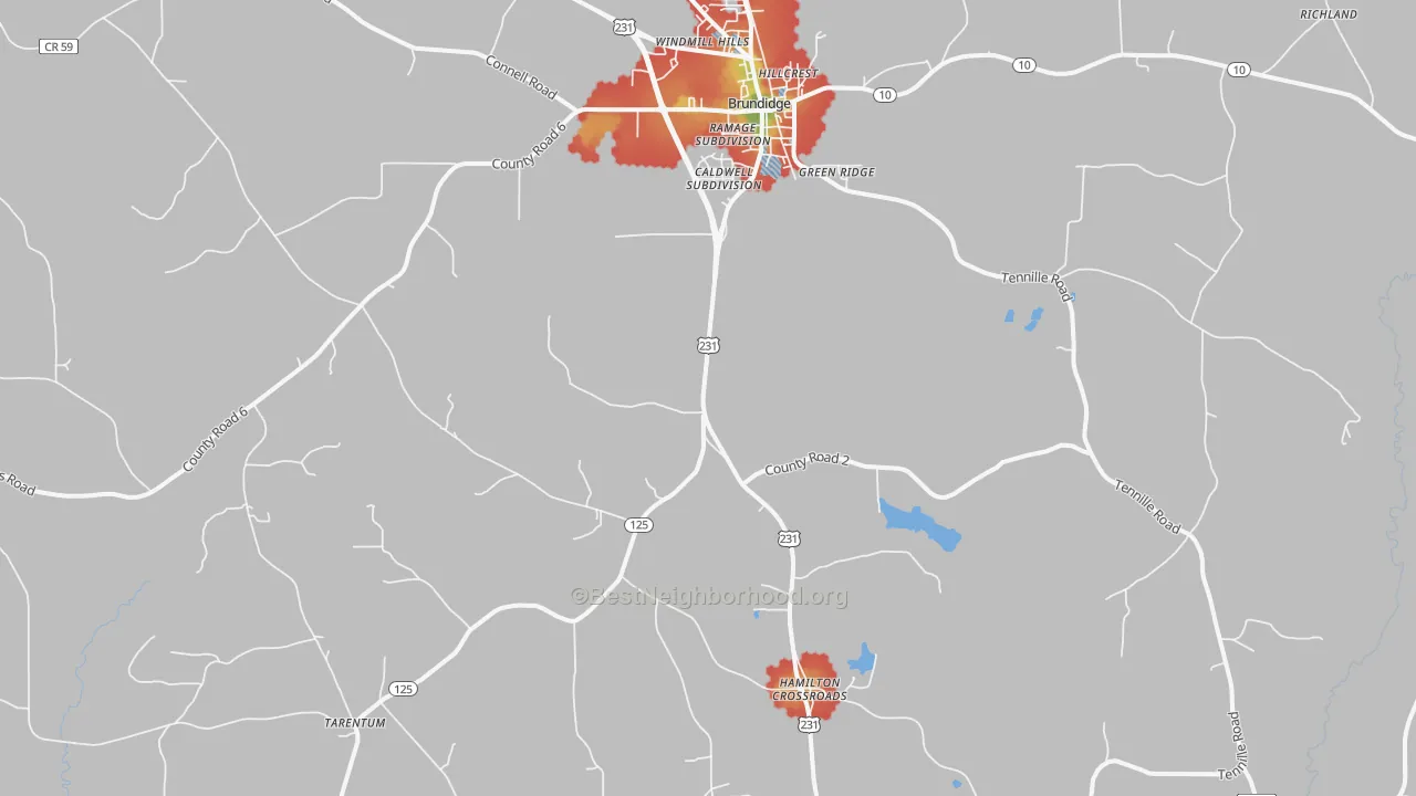 Walk Grade map of 36010, AL, walkable areas in green and car-dependent areas in red