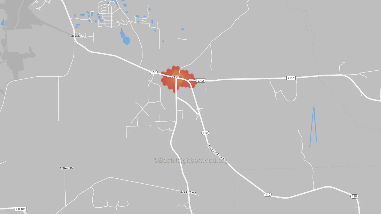 Walk Grade map of 36013, AL, walkable areas in green and car-dependent areas in red