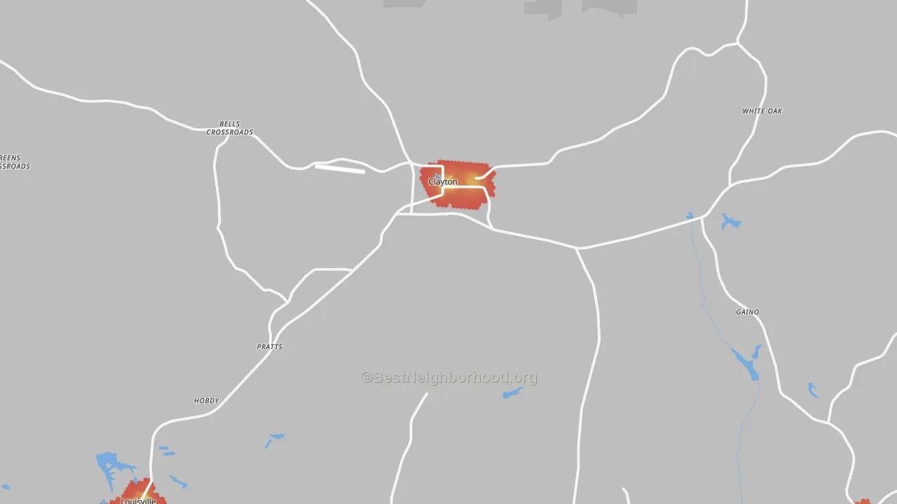 Walk Grade map of 36016, AL, walkable areas in green and car-dependent areas in red