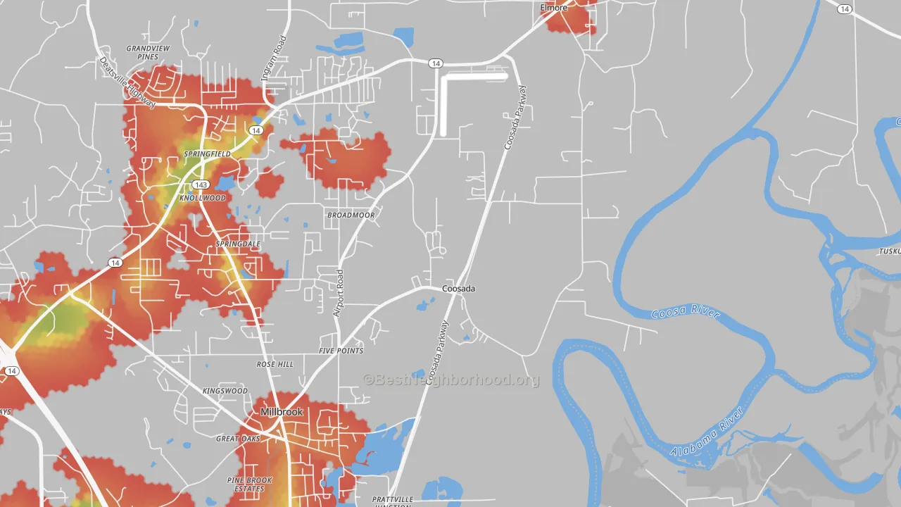 Walk Grade map of 36020, AL, walkable areas in green and car-dependent areas in red