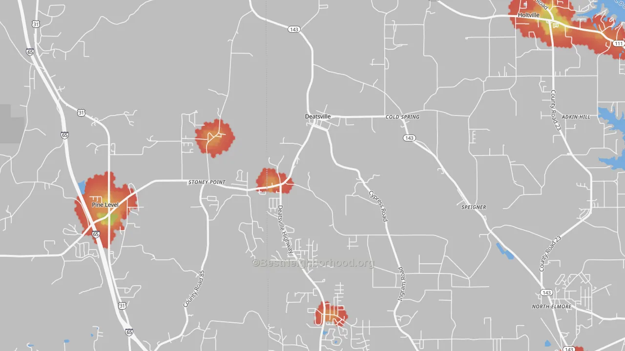 Walk Grade map of 36022, AL, walkable areas in green and car-dependent areas in red