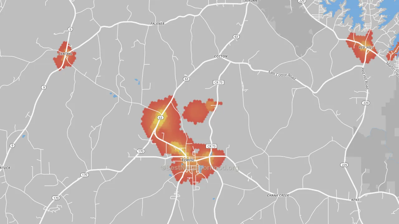 Walk Grade map of 36024, AL, walkable areas in green and car-dependent areas in red