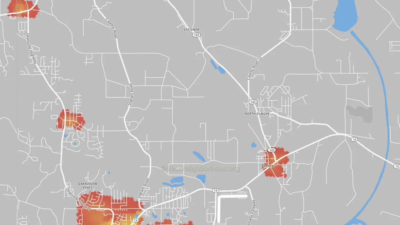 Walk Grade map of 36025, AL, walkable areas in green and car-dependent areas in red