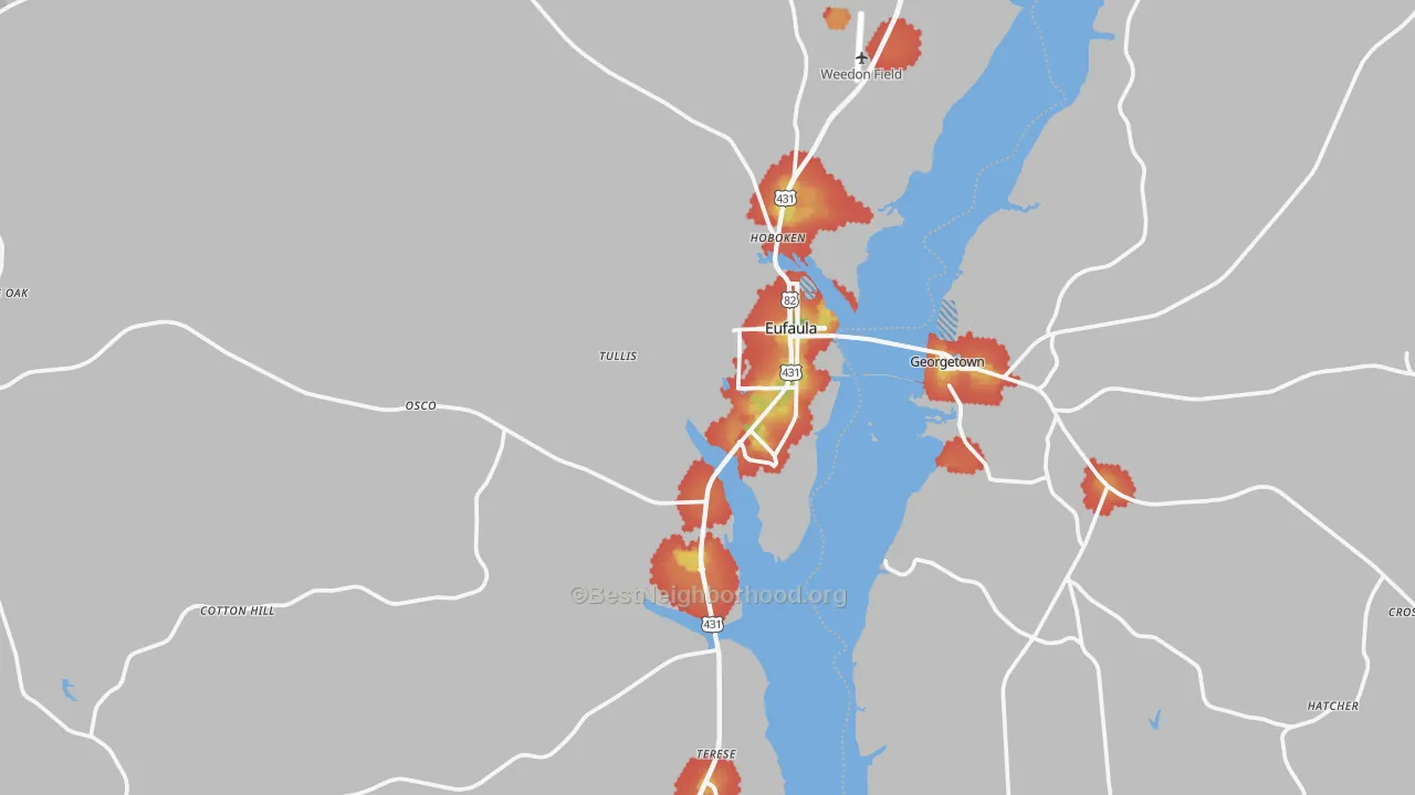 Walk Grade map of 36027, AL, walkable areas in green and car-dependent areas in red