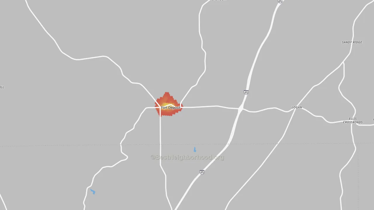 Walk Grade map of 36032, AL, walkable areas in green and car-dependent areas in red