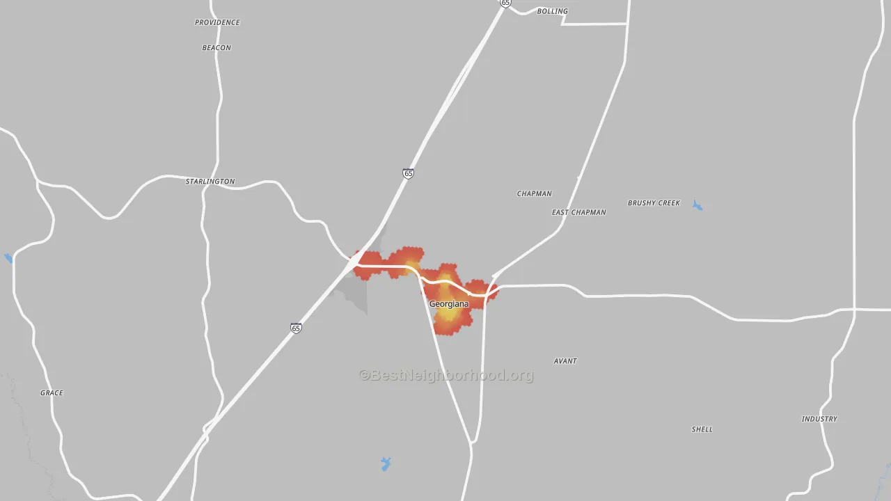 Walk Grade map of 36033, AL, walkable areas in green and car-dependent areas in red