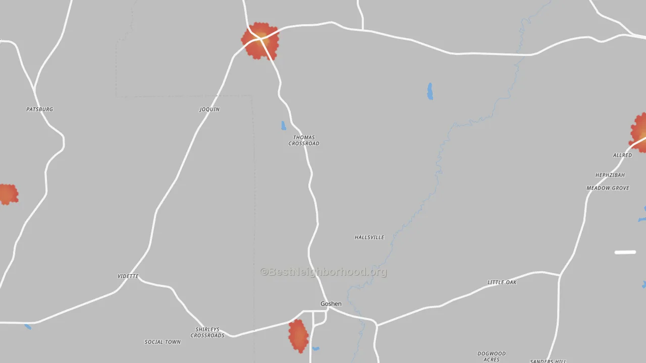 Walk Grade map of 36035, AL, walkable areas in green and car-dependent areas in red