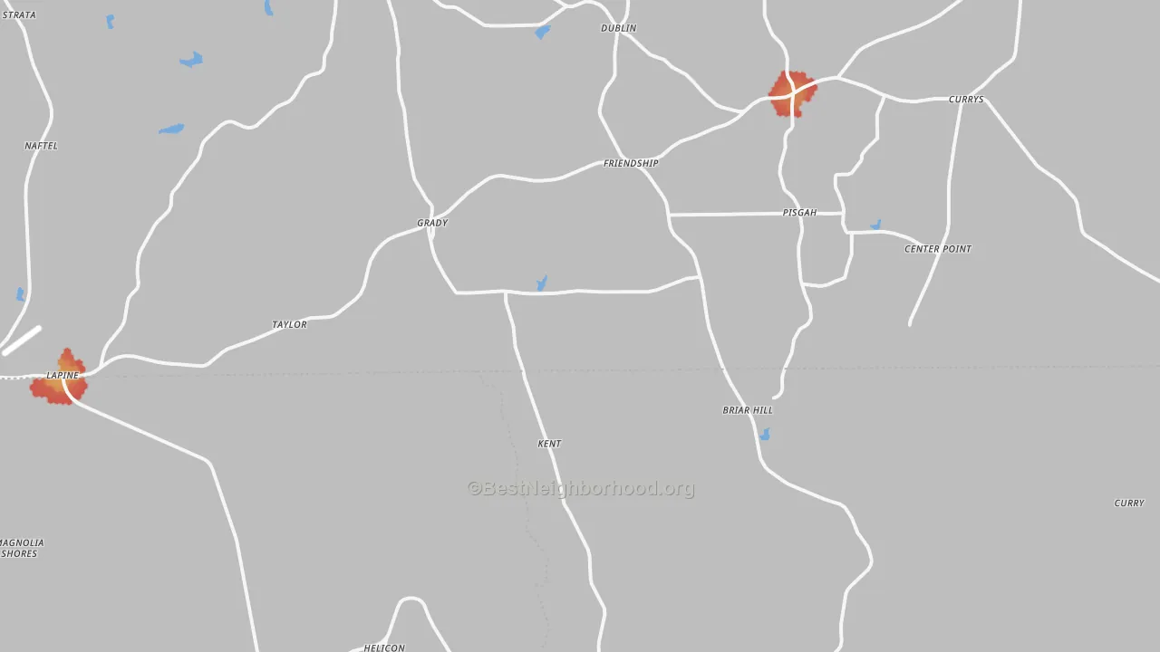 Walk Grade map of 36036, AL, walkable areas in green and car-dependent areas in red