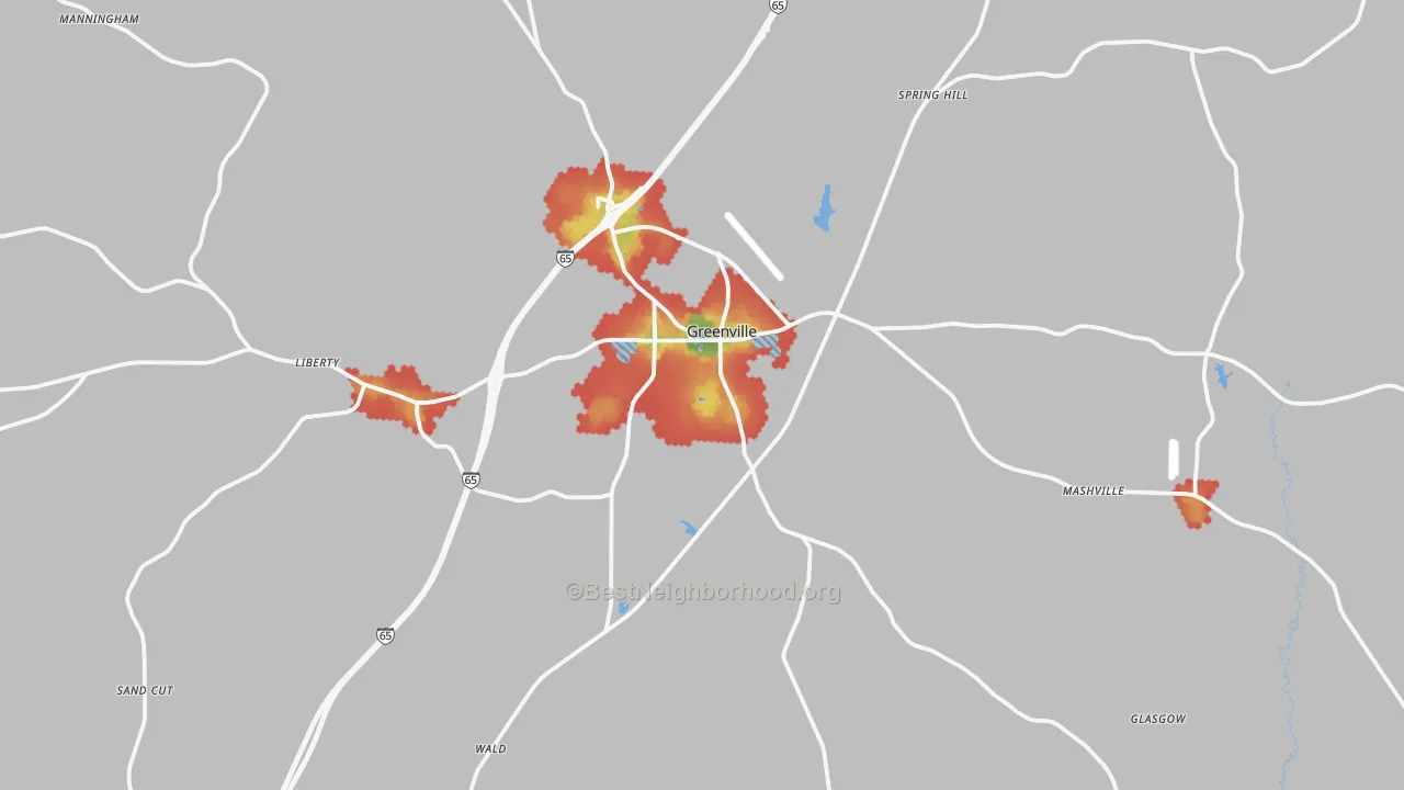Walk Grade map of 36037, AL, walkable areas in green and car-dependent areas in red