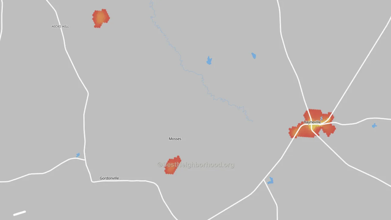 Walk Grade map of 36040, AL, walkable areas in green and car-dependent areas in red