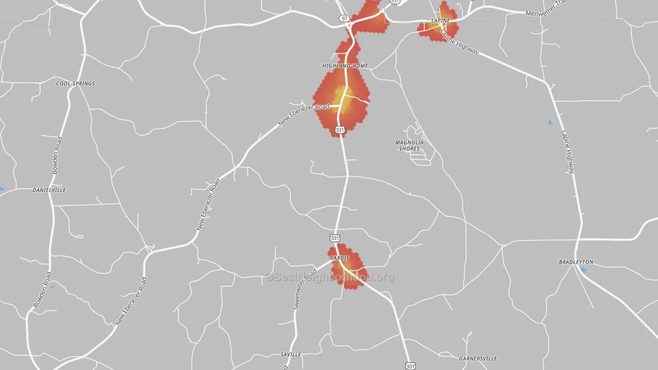 Walk Grade map of 36041, AL, walkable areas in green and car-dependent areas in red