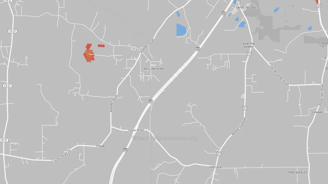 Walk Grade map of 36043, AL, walkable areas in green and car-dependent areas in red