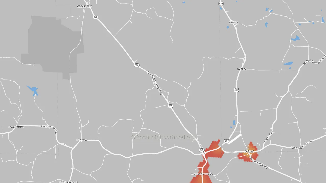 Walk Grade map of 36046, AL, walkable areas in green and car-dependent areas in red
