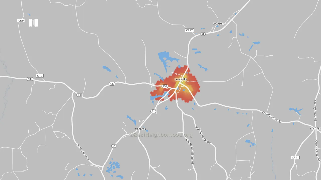 Walk Grade map of 36048, AL, walkable areas in green and car-dependent areas in red